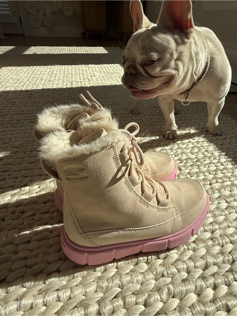 Sorel Kids Beige Faux-Fur Lace-Up Boots with Pink Sole